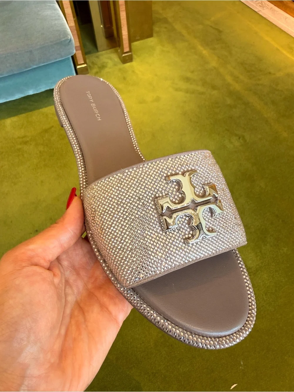 $375‎ Tory Burch Everly Rhinestone Slide Sandals, Dark Clay / Silver, RUNS SMALL